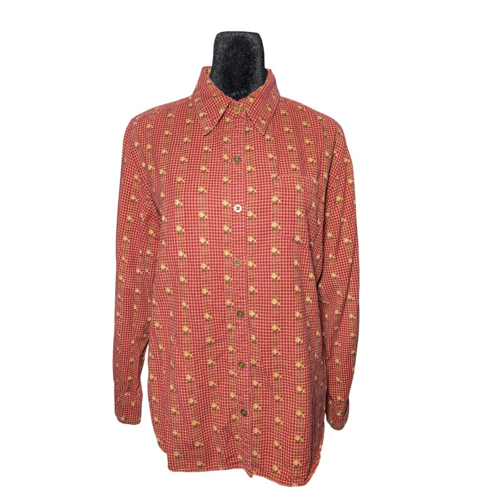 Krazy Kat Vintage Cottagecore Calico Floral Button Down Shirt Red Tan Size M